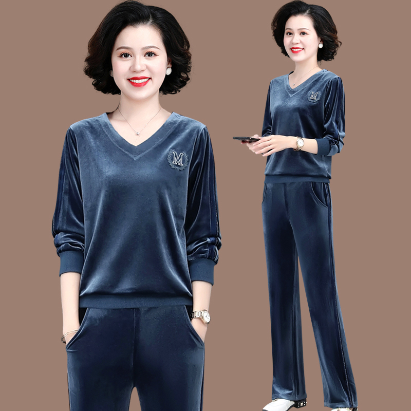 Mom's Spring and Autumn Fashion Suit, Velvet Tracksuit for Women, Long-Sleeved Top, Spring Outfit for Middle-Aged and Elderly Women, Two-Piece Sweatshirt Set