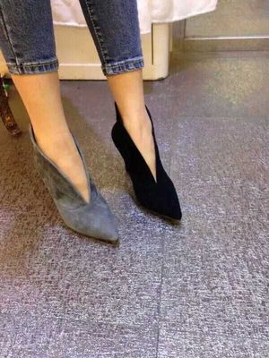 European and American Style Spring and Autumn New Women's Boots Deep V-Cut High-Heeled Nude Boots Genuine Leather Sexy Pointed Toe Women's Shoes Stiletto Short Boots