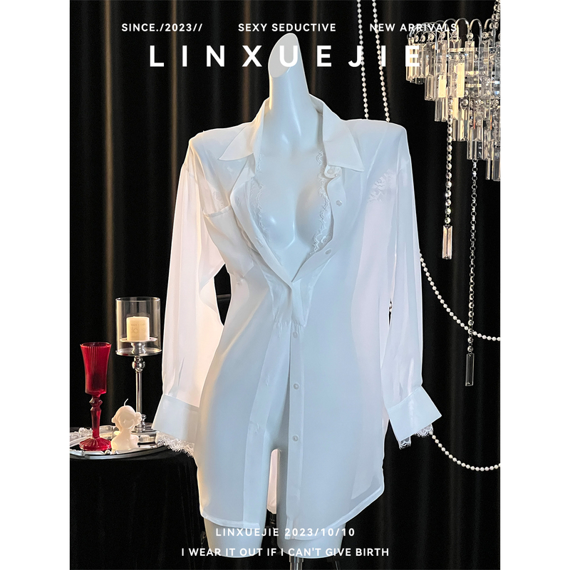 Senior Sister Lin~ High-End White Mesh Loose-Fitting Home Shirt with Pure and Alluring Style, Lace Lining, Date Outfit