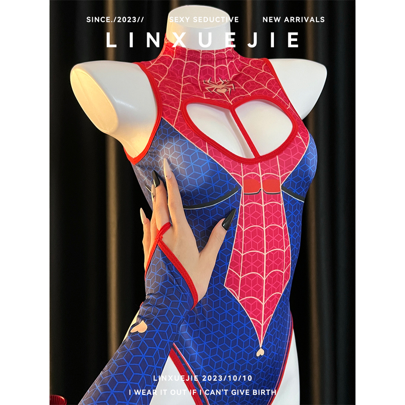 Sister Lin~ Sexy and Alluring Spider-Man Print Cosplay Bodysuit, Fun Date Uniform for Couples