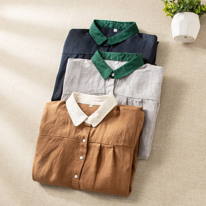 Foreign Trade Japanese Original High-End Brand Women's Short-Sleeved Cotton and Linen Shirt, Mid-Length Skirt, Artistic Linen Doll Collar Dress