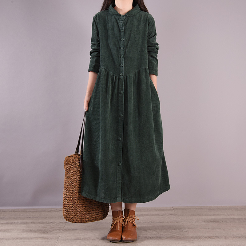 Brand Discount Store Clearance Women's Vintage Solid Color Corduroy Dress Loose Casual Corduroy Shirt Long Dress