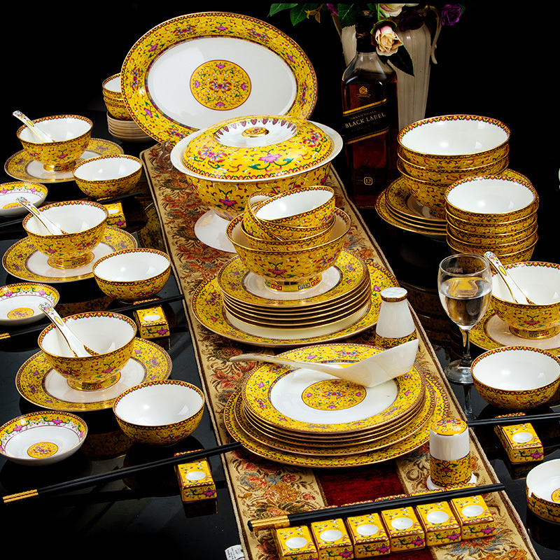 Dinnerware Set 83 Pieces High-End Chinese Enamelware Household Bone China Tableware Jingdezhen Ceramics Hotel Club