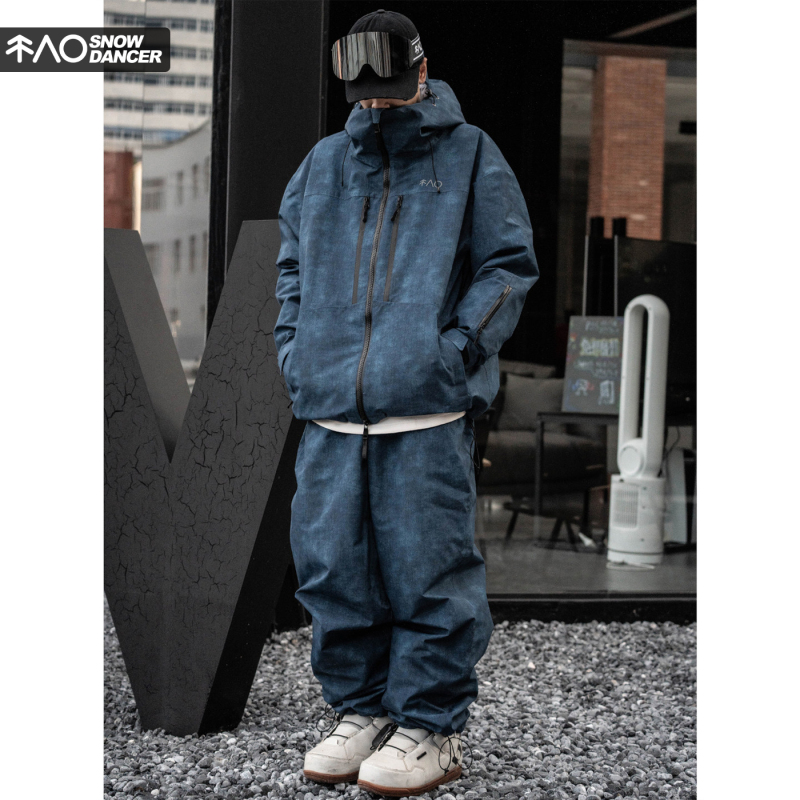 Snowproof Faux Denim-Colored Ski Suit with Fleece Lining, Waterproof and Windproof, Oversize Fully Taped Snow Suit