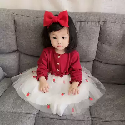 ins explosion 2021 spring and autumn girls baby princess red dress skirt female baby cute mesh dress