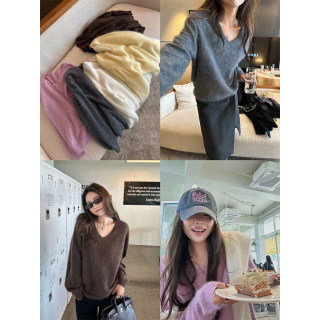 NanaByNana【静奢王牌】进口绵羊毛拉绒毛衣女秋宽松软糯V领上衣