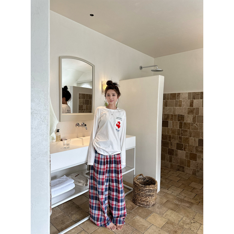 Nanabynana【Annie Holiday】Vacation College Style Plaid Casual Pants Women's Summer Lazy Plaid Wide-Leg Pants