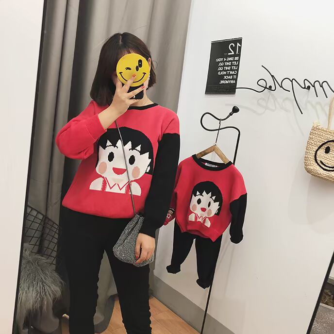 CHICFISH Phiên bản Hàn Quốc của phụ huynh-con tải 2018 thu đông 2018 mới siêu nhỏ xinh xắn quả bóng nhỏ màu áo len mẹ mẹ và con thủy triều mẫu áo đồng phục gia đình