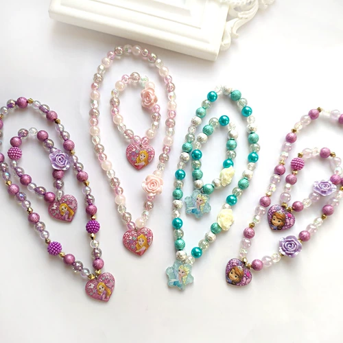 Мультяшное милое ожерелье и браслет для принцессы, детское ювелирное украшение, детский комплект, в цветочек, подарок на день рождения