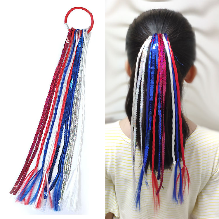 Children's wig braids Red and blue rubber band La La fuck hip-hop hair accessories Ponytail color sequins performance hair accessories