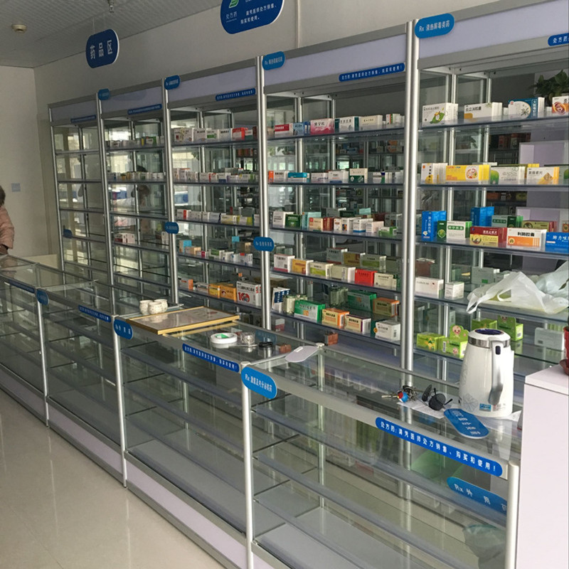 Dược phẩm tây y trưng bày tủ thuốc y tế kệ cửa hàng quầy thuốc thủy tinh trong suốt