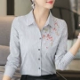 Áo sơ mi cotton cộng với nhung 2018 thu đông mới của nữ Hàn Quốc chuyên nghiệp mùa xuân thêu áo sọc dài tay các kiểu áo sơ mi sọc nữ đẹp