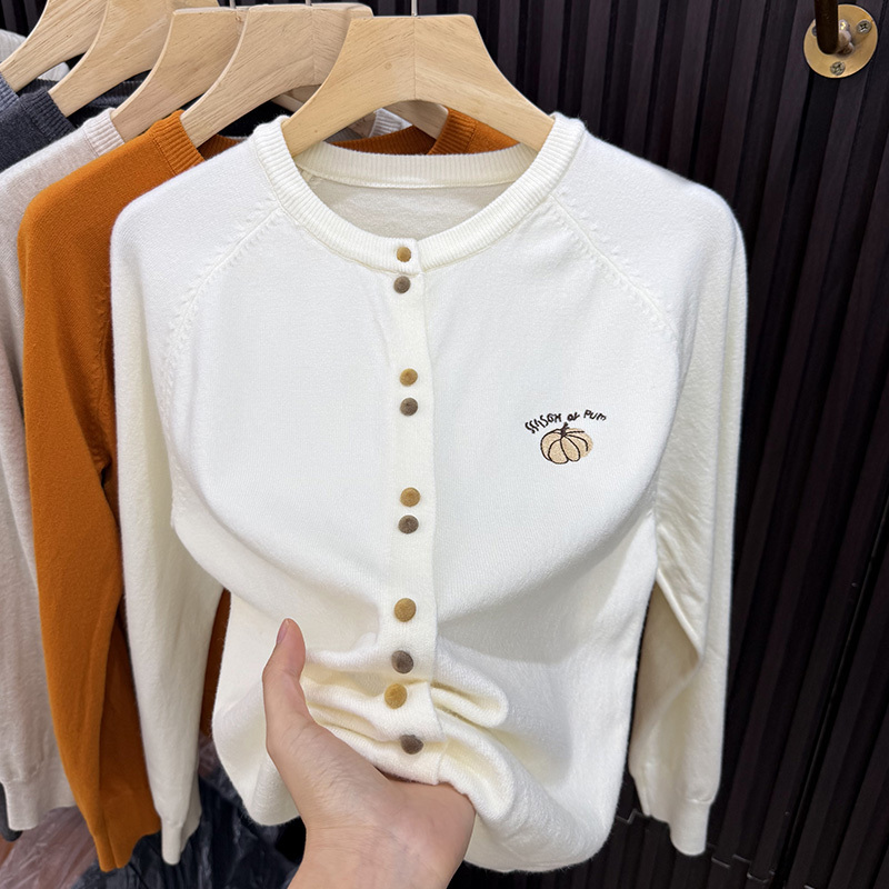 Korean-Style Colorful Button Pumpkin Embroidery Round-Neck Knit Cardigan for Women, New Autumn and Winter Style, Lazy Style, Versatile, Age-Reducing Jacket Top