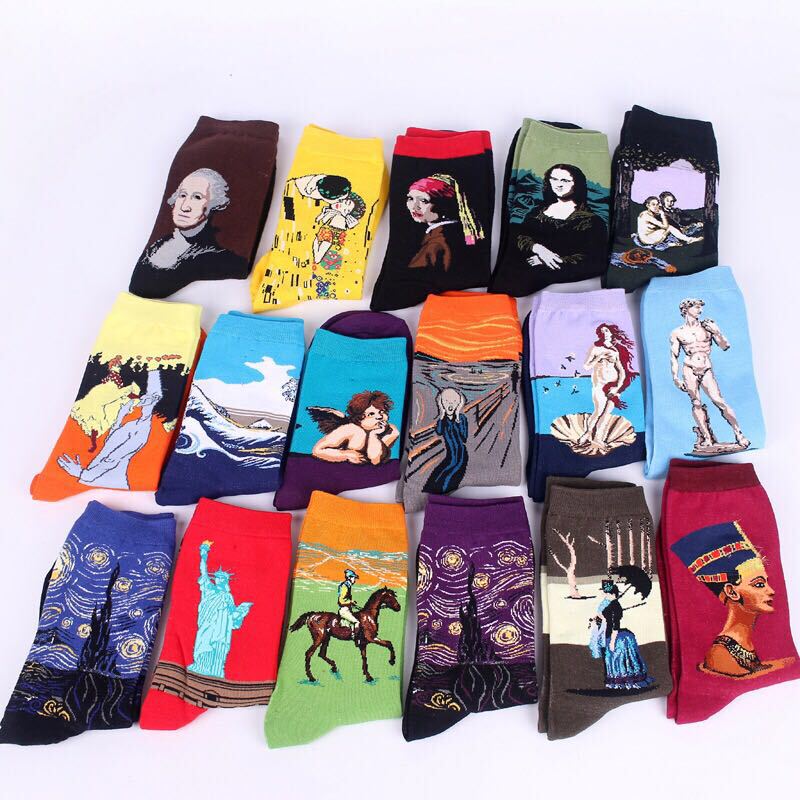 Korean Style Socks, Men's Mid-Calf Socks, Spring and Summer Street Style, Trendy Women's Socks, Pure Cotton, Deodorant, Retro, Artistic, Famous Painting Series Socks