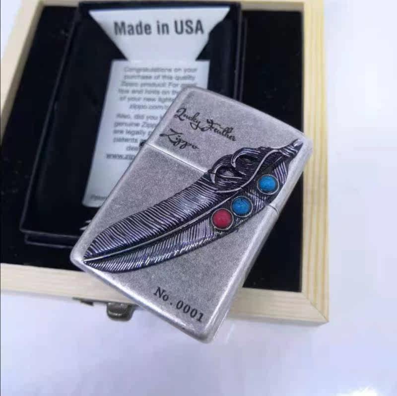 Original zipped zippo Sesame Oil Lighter Silver Indian Green Pine Stone Feather Ancient Silver Love Feather