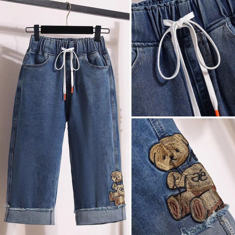Plus-Size Cartoon Embroidered Denim Capri Pants for Women, Summer Elastic High-Waisted Loose Straight-Leg Pants, Stretchy Rolled-Edge Six-Point Mid-Length Pants