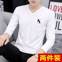 Cotton long sleeve T-shirt mens spring dress Korean version of casual clothes trendy shirt body slim V collar base shirt slim body