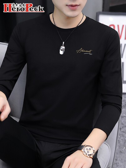 2025 New Spring Pure Cotton Solid Color Ice Silk Long-Sleeve T-Shirt for Men, Base Layer Top, Trendy Inner Wear, Autumn Clothing for Men