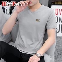 Pure cotton mens short sleeve T-shirt chicken heart collar V-collar tide brand half sleeve ice mercerized cotton mens base shirt trend