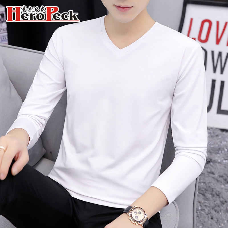 Vネックボトリングシャツメンズピュアコットン長袖Tシャツ下着春と秋の服2024新しい白Tシャツインナーウェア秋