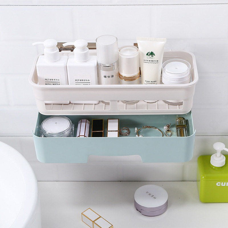 Powder room shelf Bathroom sink hole-free toilet Wall-mounted suction cup double layer with drawer storage box
