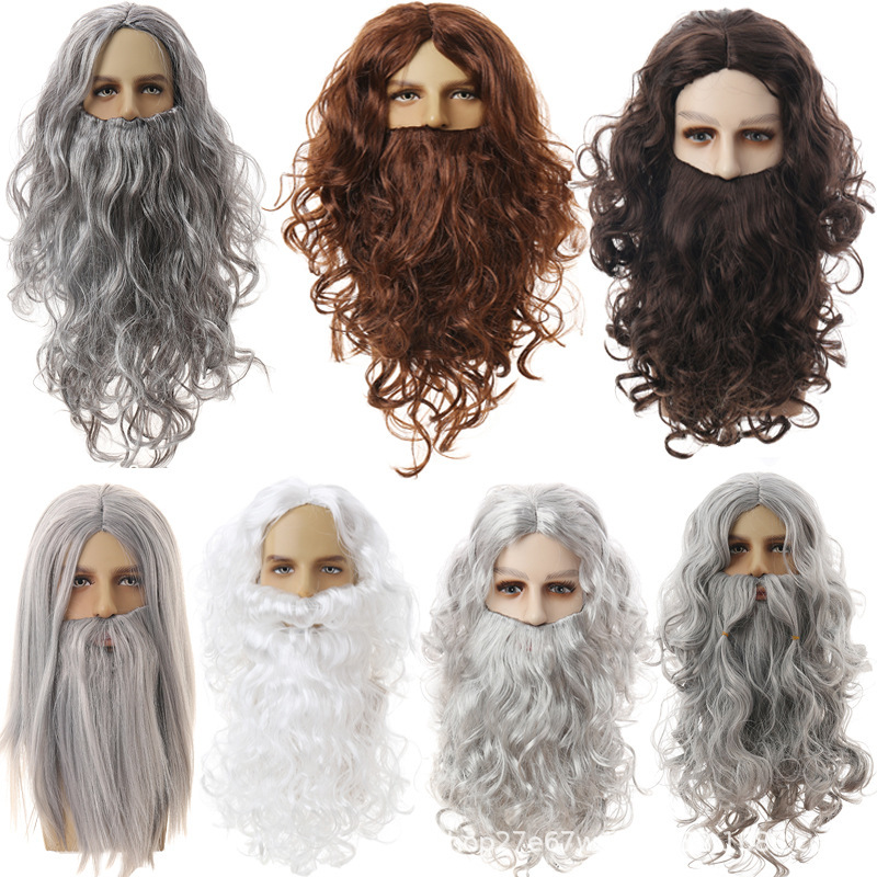 Halloween Jesus Wig Wizard Magician Wig Santa Claus Beard Role Play Costume Beard Curly Hair