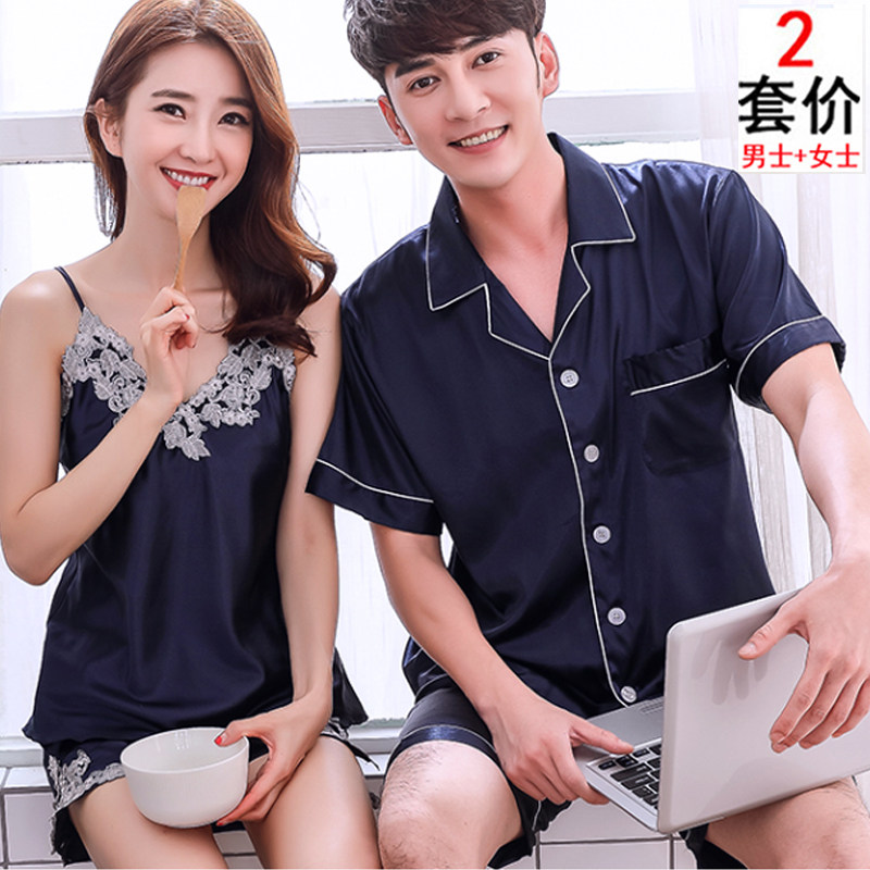 Couple sleepwear summer Korean version ice wire harness shorts sexy student women men's summer thin and real silk big size
