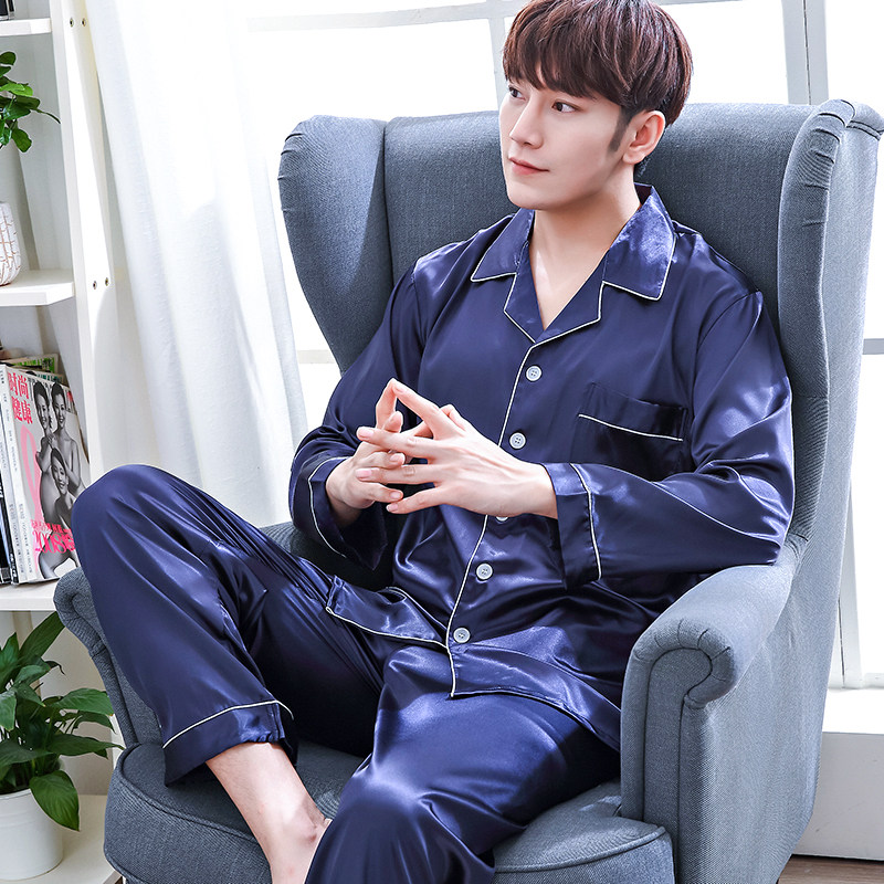 Spring and Autumn Men's Pajamas Summer Thin Ice Silk Korean Edition Earth Silk Casual Home Clothes Summer Long Sleeve Suit