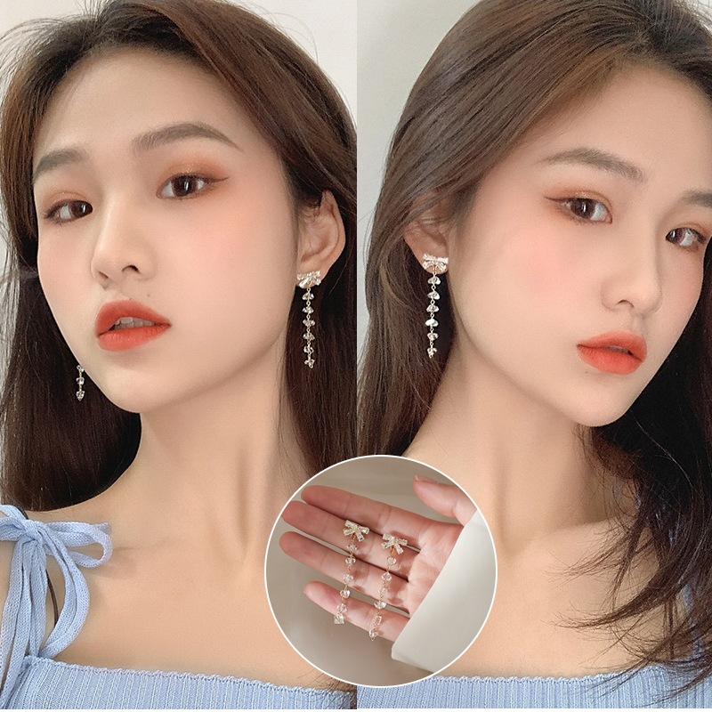925 silver needle net red temperament inlaid zircon K-shaped earrings bow zircon tassel earrings super fairy long earrings women