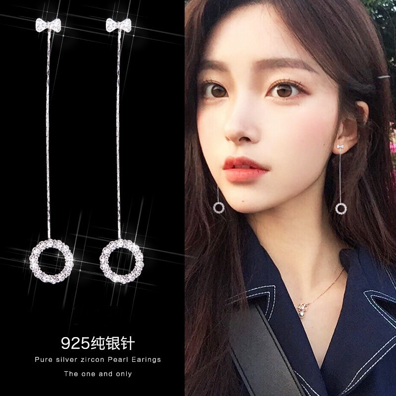 Korean earrings internet celebrity temperament simple versatile bow circle diamond long stud earrings hypoallergenic earrings earrings