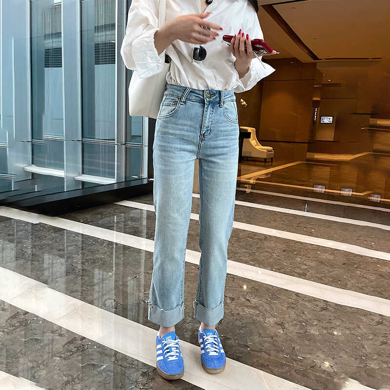 Comfortable Stretchy Cuffed Cigarette Jeans for Women 2025 New Style Leg-Shaping Petite Blue Cropped Straight-Leg Pants