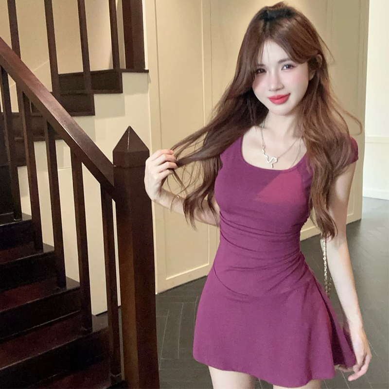 Purely Sensual and Sexy Purple U-Neck Short-Sleeved Dress for Women, Summer French Style, Pleated, Waist-Cinching, Figure-Flattering A-Line Short Dress