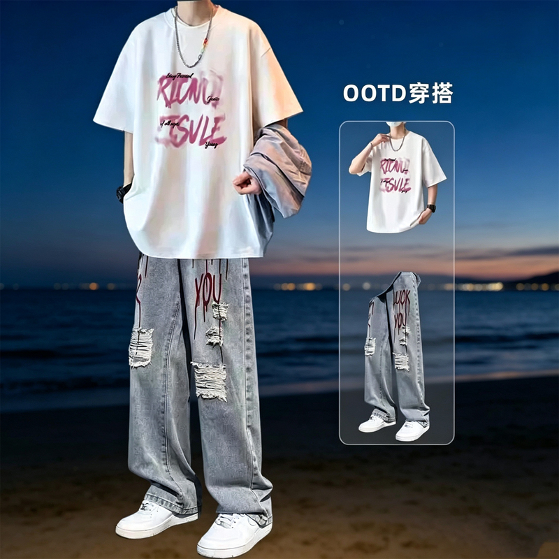 Summer Men's Trendy Outfit: Fashionable Casual Short-Sleeve T-Shirt and Ripped Lettered Jeans, Stylish Two-Piece Set Summer Men's Trendy Outfit: Fashionable Casual Short-Sleeve T-Shirt and Ripped Lettered Jeans, Stylish Two-Piece Set