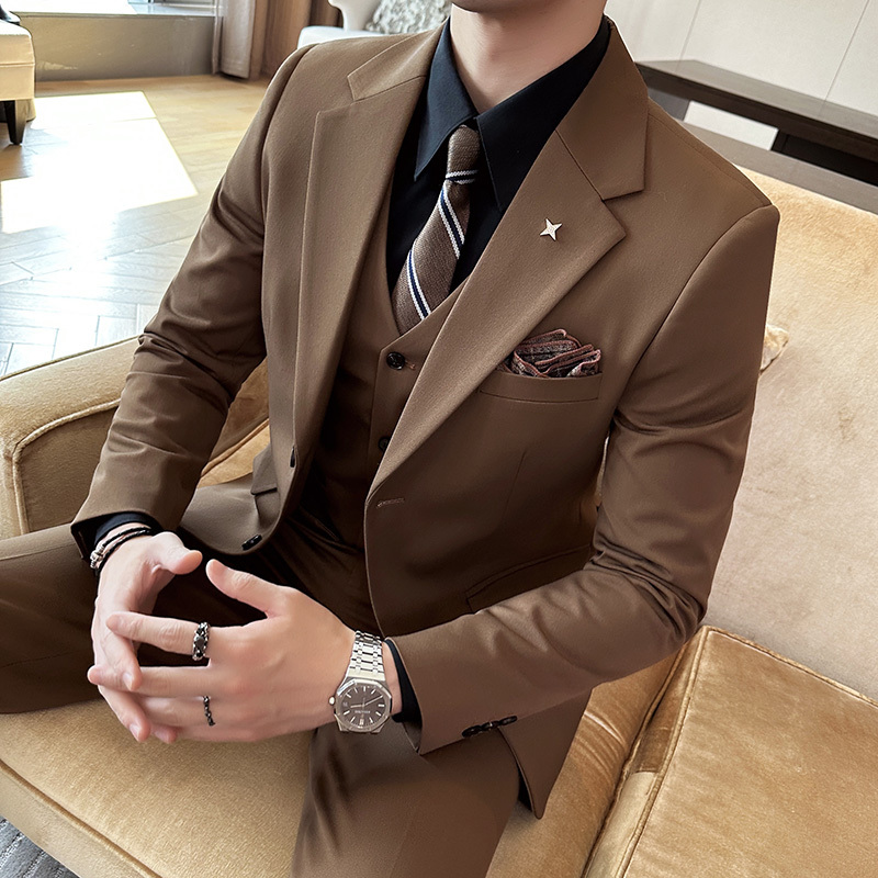 British Business Slim-Fit Suit Set for Men, Commuter Casual School Suit, Professional Attire, Formal Wear, Groom's Suit, Three-Piece Set