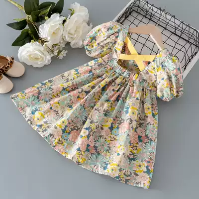 Korean cotton children's retro floral skirt girls short sleeve dress children's clothing backless skirt baby 2021 summer dress