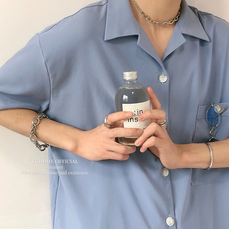 yghome design niche back split short-sleeved shirt men's summer casual loose all-match Korean style iron-free shirt