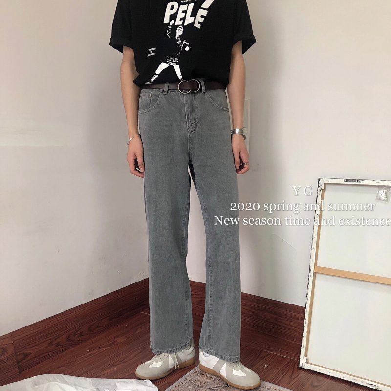 yghome retro washed smoke gray jeans men's straight loose loose wide-leg pants Korean version of all-match trousers tide