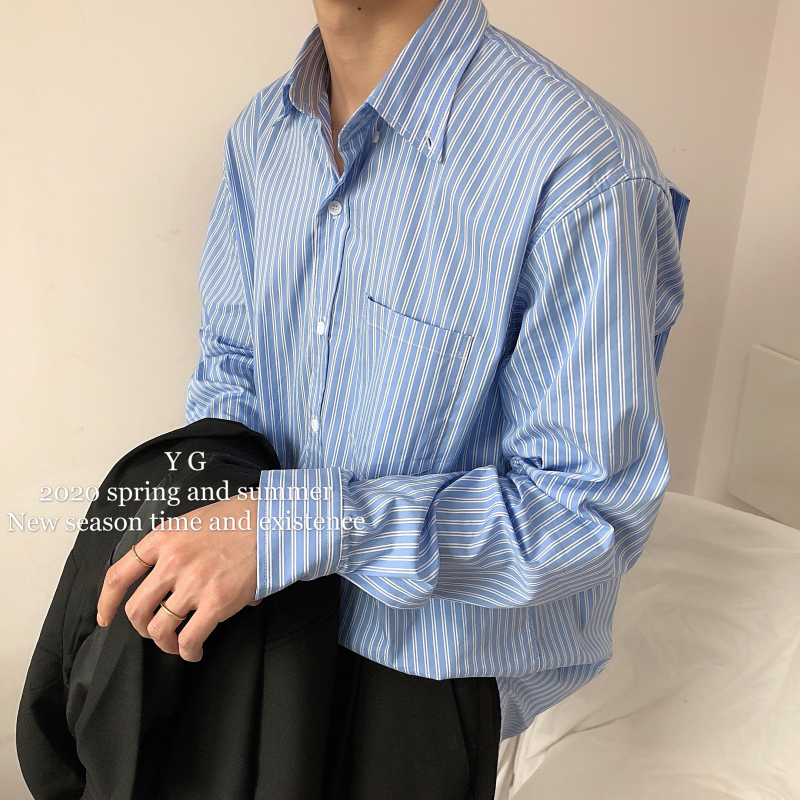 yghome shirt men's long-sleeved Korean version loose all-match retro Hong Kong style blue striped shirt jacket men's and women's tide