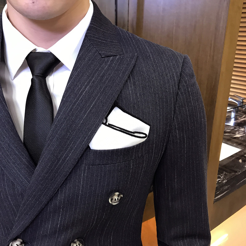 Suit nam phù hợp với trang trí cơ thể của Hàn Quốc phiên bản của gió ba mảnh Anh thiết lập đúp hàng kinh doanh phù hợp với sọc giản dị phù hợp với váy