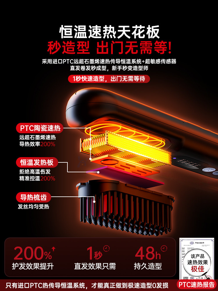 Negative Ion Wireless Hair Straightening Comb, Does Not Damage Hair, Portable Straightening and Curling Dual-Use Flat Iron, Curling Wand, Volumizing, High Crown, Anti-Scald