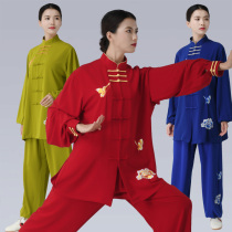 Tai Chi suit Female high-end spring and autumn butterfly embroidery martial arts suit practice suit Male performance game suit Pearl hemp tai chi suit