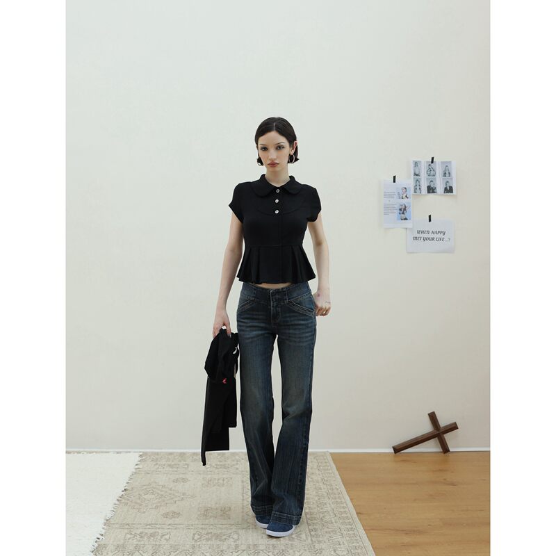 Fot2025 Spring/Summer Three-Color Wide Vintage Waist Straight-Leg Slightly Loose (Not Tight) Denim Long Pants Washed