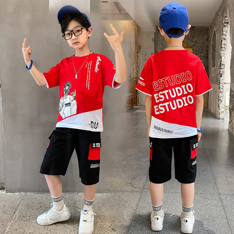 Summer short-sleeved suit boy's clothing Korean version of the trendy fashion children's suit in the big children's T-shirt five-point pants two-piece set