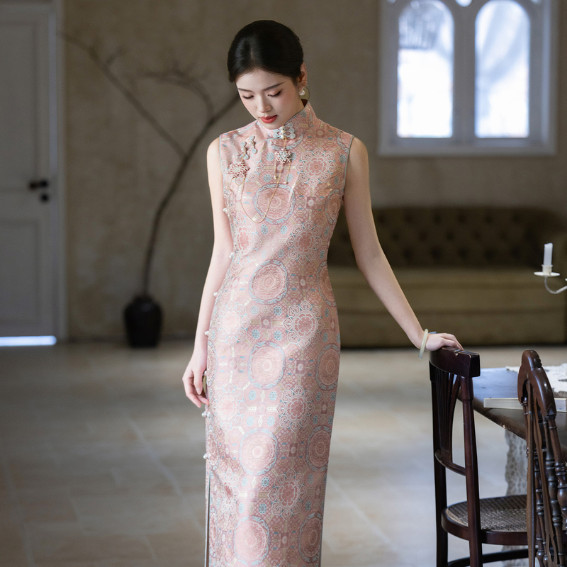 Beautiful and Exquisite [Pink Eight-Color Halo] Li Dexi Song Brocade Cheongsam Elegant Youthful High-End Traditional Sleeveless Dress