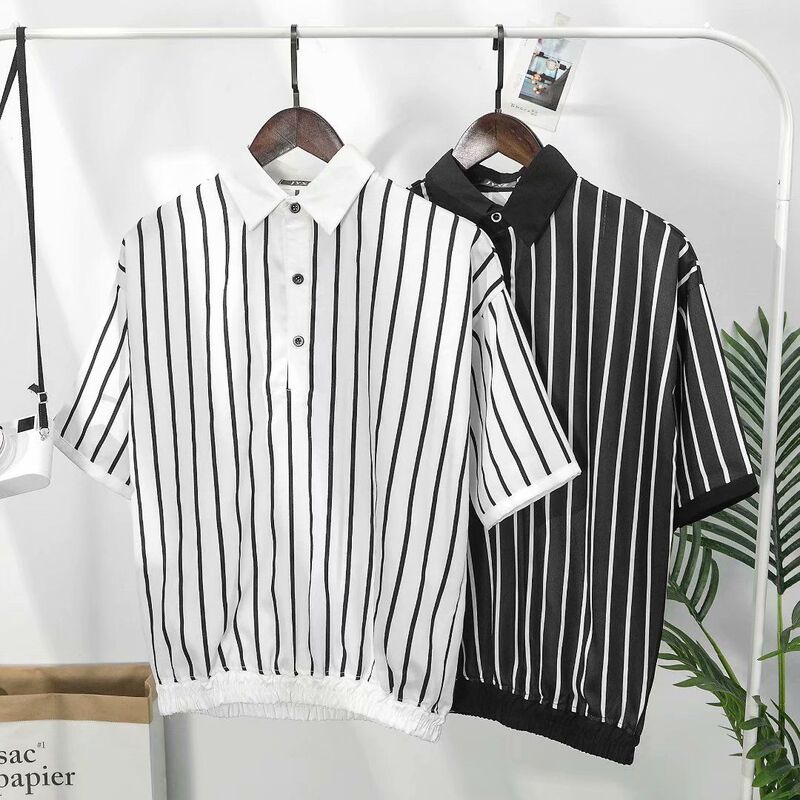 Trendy Hong Kong-Style Striped Black and White Shirt for Men, Short-Sleeve Korean Fashion Stylist Top Trendy Hong Kong-Style Striped Black and White Shirt for Men, Short-Sleeve Korean Fashion Stylist Top