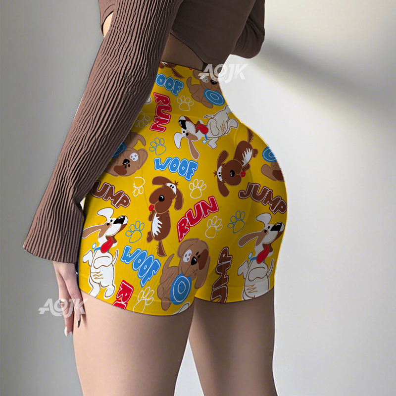 Cute Dog Fashion Print Yoga Shorts High-Waisted Butt-Lifting Three-Quarter Pants Sports Fitness Cycling Shorts for Women
