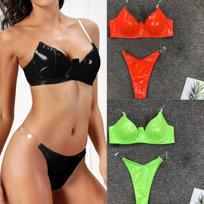 Áo tắm nữ chia đôi màu đen Da sáng màu đen Gọng kính gợi cảm Thu thập bộ bikini hai dây trong suốt Bộ đồ biểu diễn trên sân khấu - Bikinis