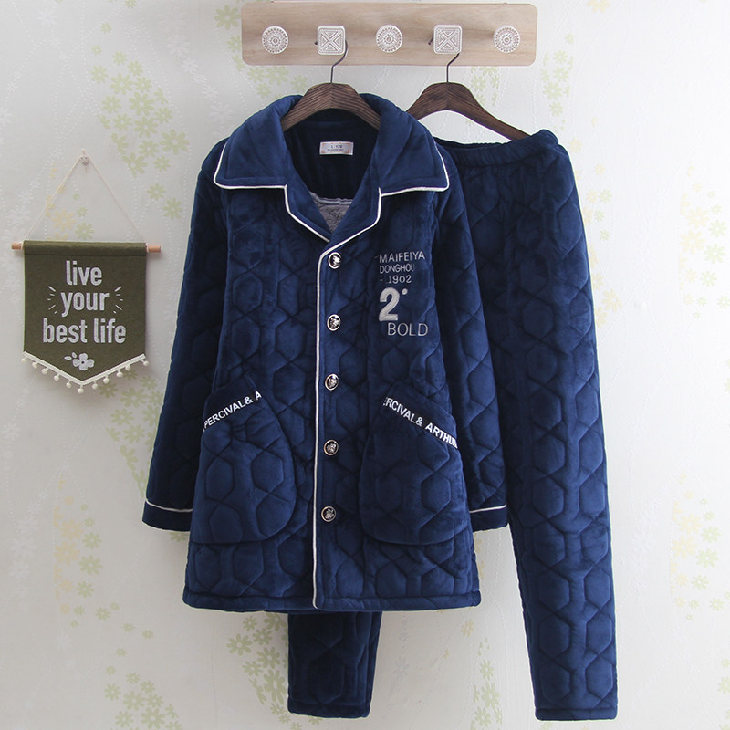 Men's casual winter thickening medium long version bevelvet bunk cotton pyjamas pure color minimalist Coral Suede Home Suit Suit