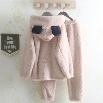 Even cap pyjamas lady pure color lamb suede autumn winter Korean version casual and cute thickened garnter warm family home jacket