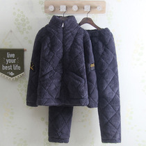 High-end male and female winter three-layer thickened clip cotton black casual coral suede clip cotton warm pure color Home Residence Suit Suit